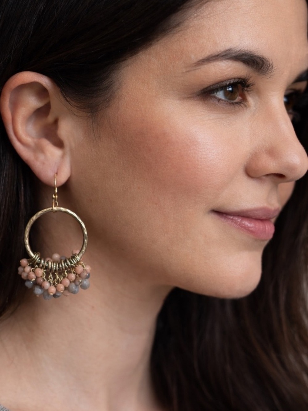 Gold Hoop Earrings with Pink and Light Blue Beads